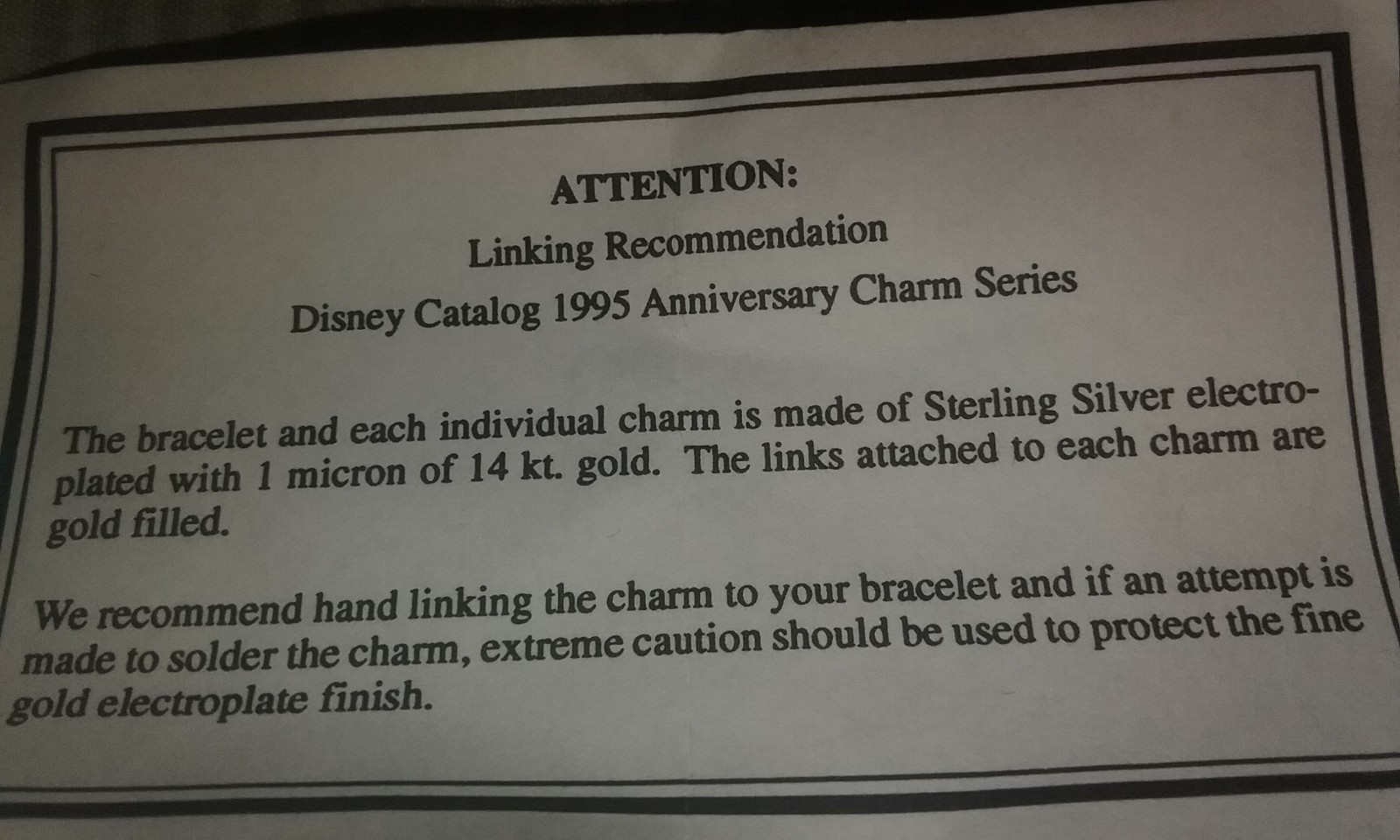 RARE VINTAGE 1995 DISNEY Charm Bracelet Gold on Silver MINT NEW IN BOX!