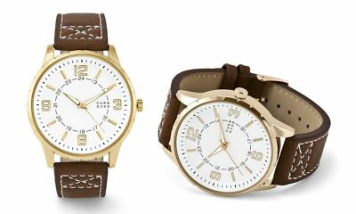 NEW Oak & Rush 2393E-OR Mens White Dial with 24hr Track Brown Leather Gold Watch