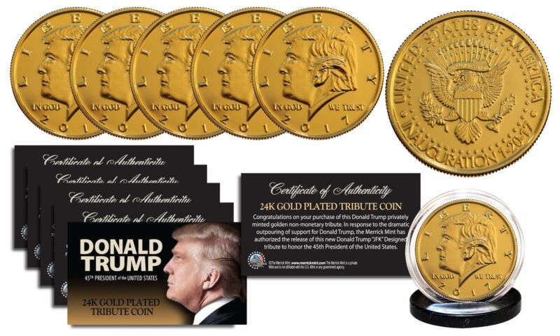 2017 DONALD TRUMP Dated OFFICIAL Inauguration 24K Gold Plated Tribute Coins (5)