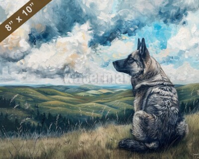 Norwegian Elkhound painting in a rolling countryside 8x10 Print 