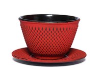 MAOCI Gusseisen-Teecup / Teeschale / Tee-Becher Arare - rot - 0,12l + Teller