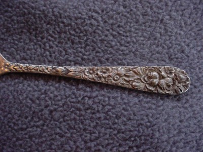 1892 Stieff Rose Repousse sterling individual butter spreader