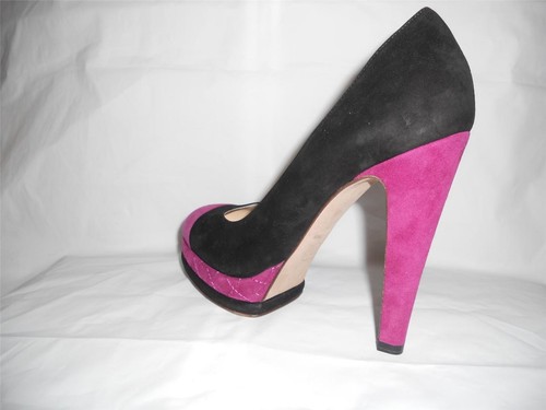 Pre-owned Chanel Suede Cap Toe Quilted Platform Pumps Heels Shoes Fuchsia Black $1095