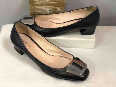 PRADA Silver Tone Plaque Black Leather Slip On Low Heels