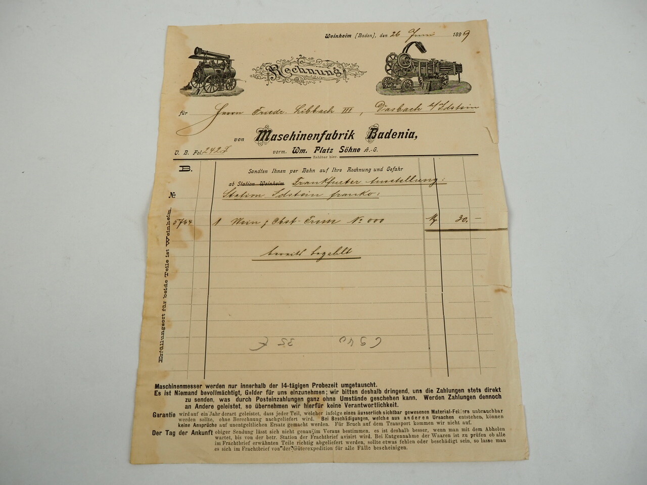 Maschinenfabrik Badenia Platz Lokomobil Weinheim Baden Rechnung 1899