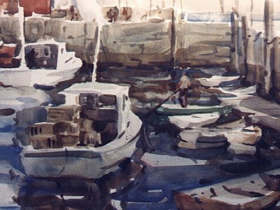Large Original Betty Lou Schlemm Watercolor - Rockport Harbor