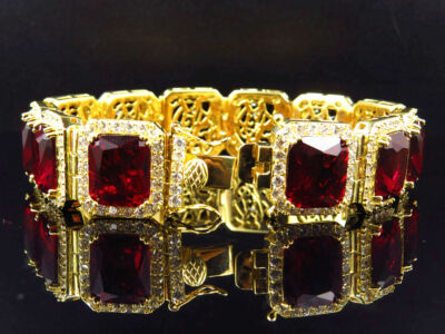 Pre-owned Nsg Men's Red Ruby Simulated Broad Bracelet 14k Yellow Gold Plated Silver