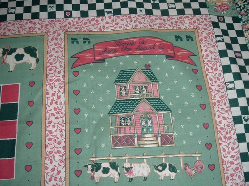 Vtg 80s Country Check Cows Welcome 8 Quilt Block Fabric Panel Wallhanging  #pb
