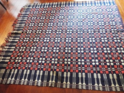 Gorgeous Primitive ANTIQUE Coverlet Blue/Red 2 Panel Quilt 75*84 Fringe