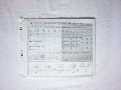 Infant Girls Tops Panties Hat #3221 Size S-XL McCall's Pattern Un-Cut 2001