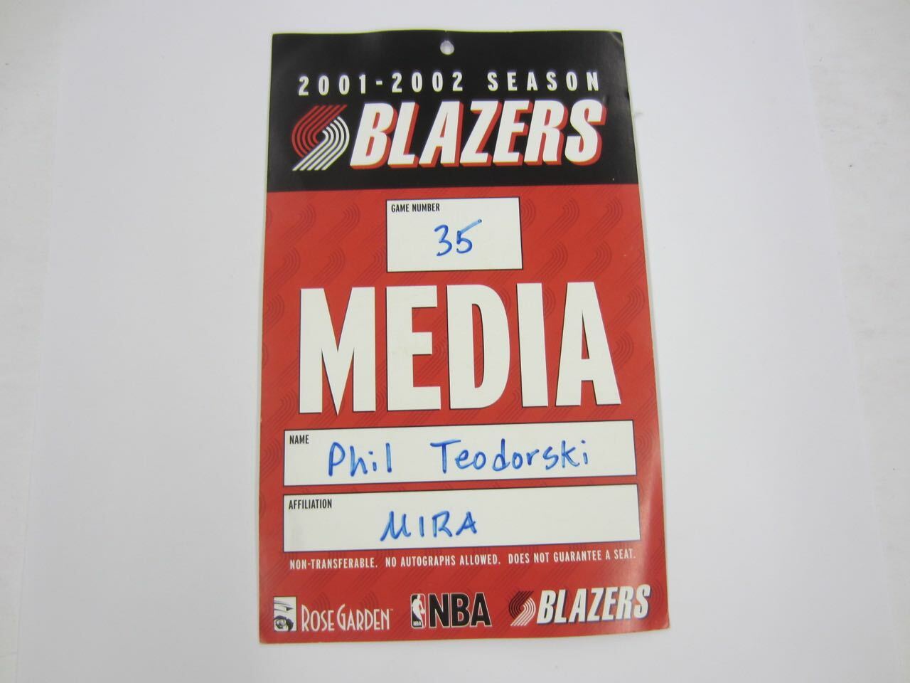 257 PORTLAND TRAIL BLAZERS 2001-2002 Game 35 NBA Press Pass