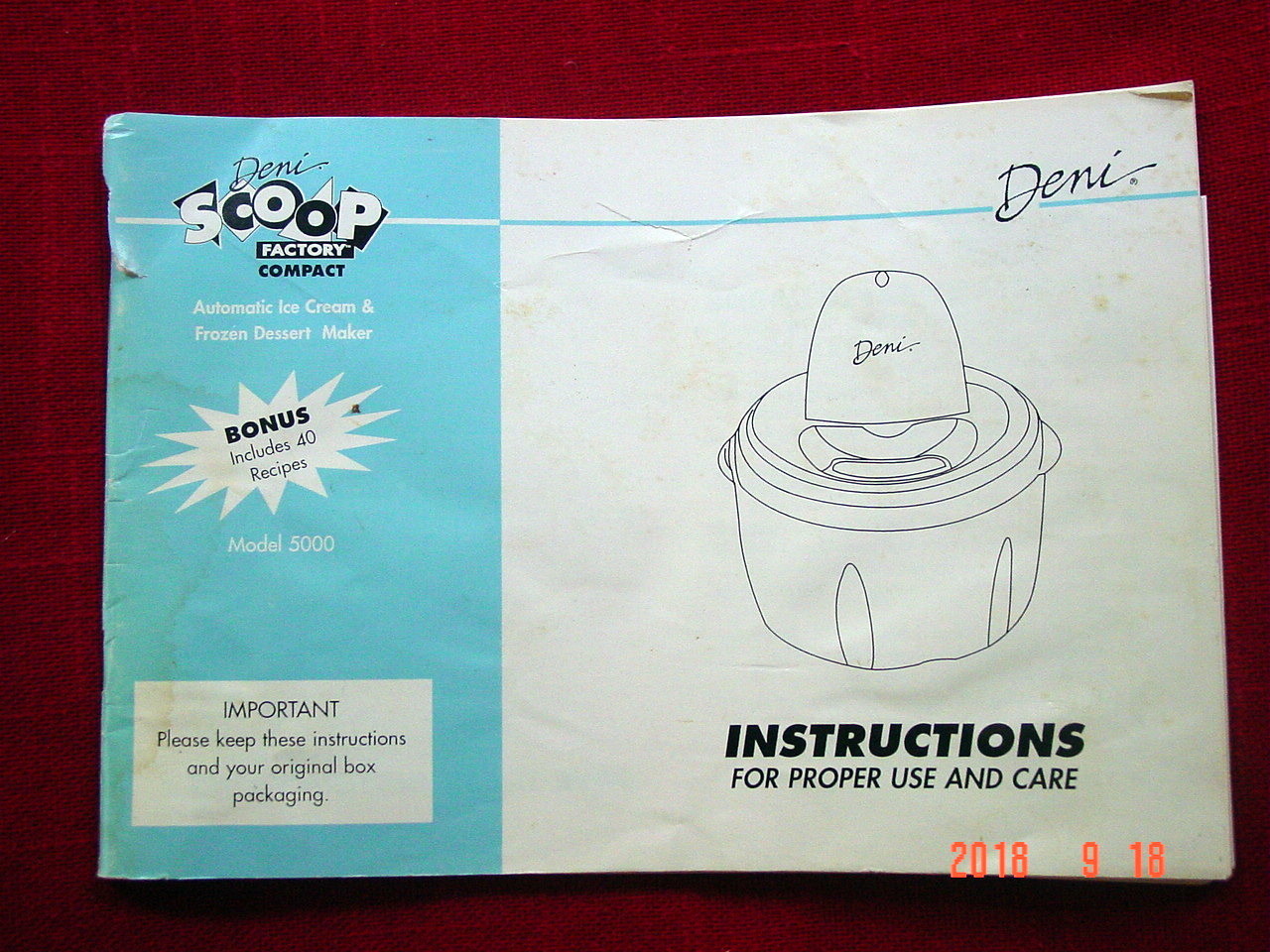 Deni 5000 compact ice cream maker with booklet
