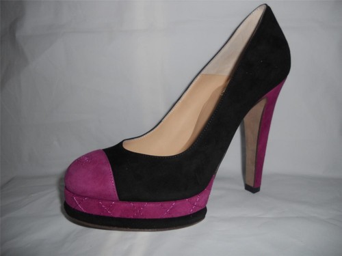 Pre-owned Chanel Suede Cap Toe Quilted Platform Pumps Heels Shoes Fuchsia Black $1095