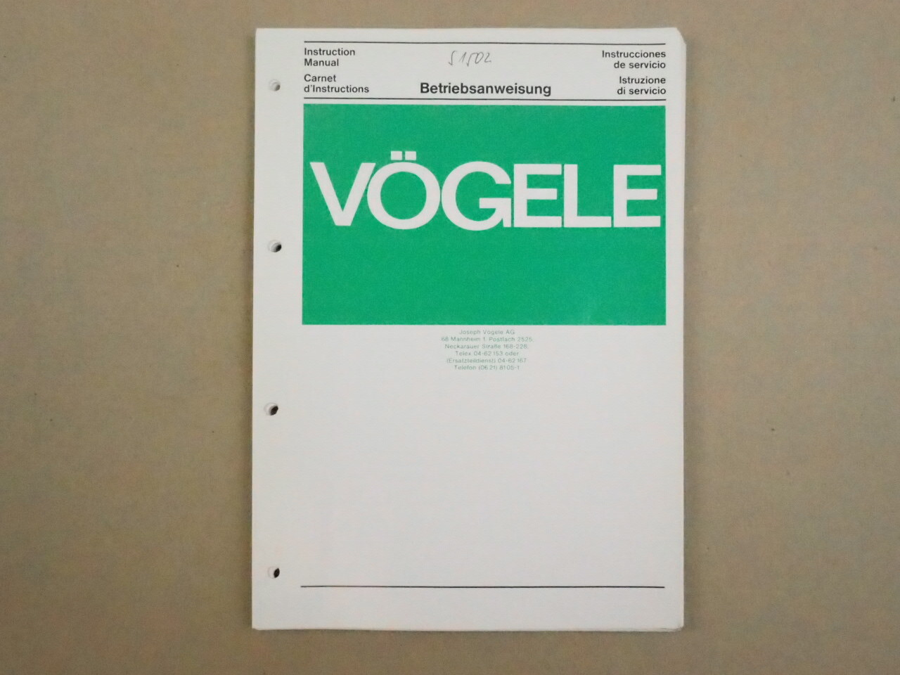 Vögele Super 1502 Fertiger Betriebsanweisung Betriebsanleitung Schaltpläne 1984