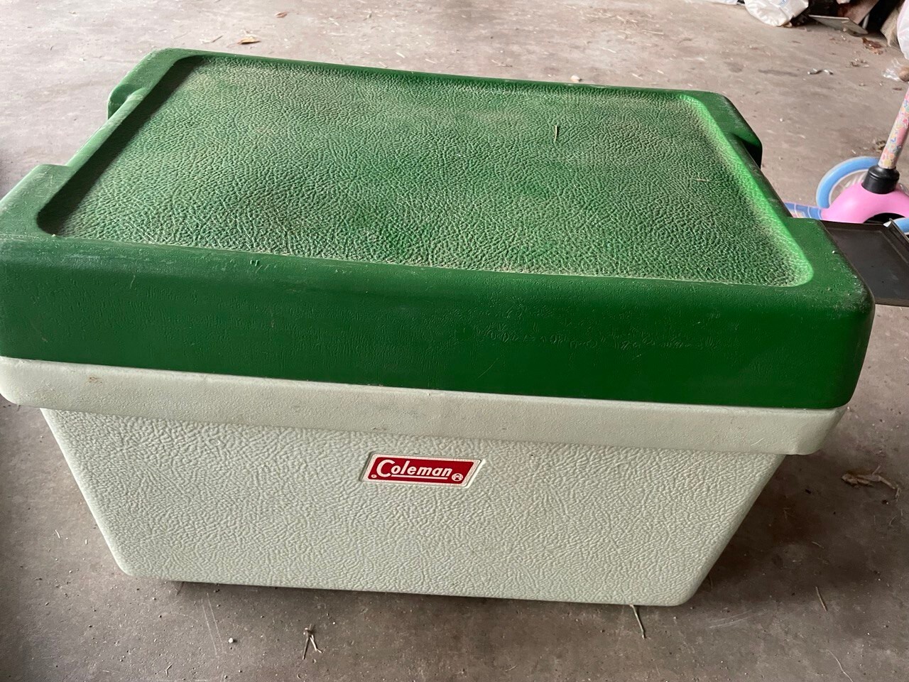 Vintage 1970s Coleman Cooler Chest White W Green Lid, Metal