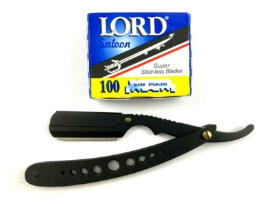 100 BLADES + CLASSIC BARBER STRAIGHT RAZOR CUT THROAT SHAVING SALON BLACK LORD