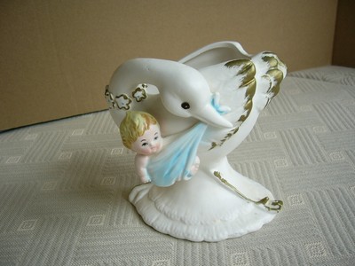 Lefton's Porcelain Figurine Stork Carrying Baby Boy Planter Vase 1963 Japan