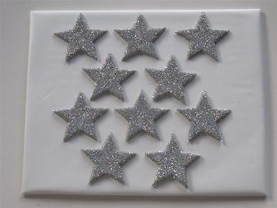 10 X EDIBLE SILVER FONDANT GLITTER STARS. CAKE DECORATIONS - LARGE 4cm