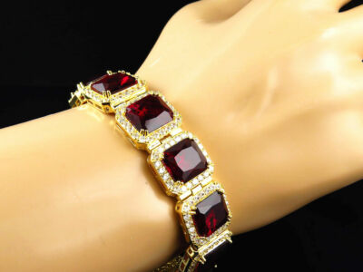 Pre-owned Nsg Men's Red Ruby Simulated Broad Bracelet 14k Yellow Gold Plated Silver