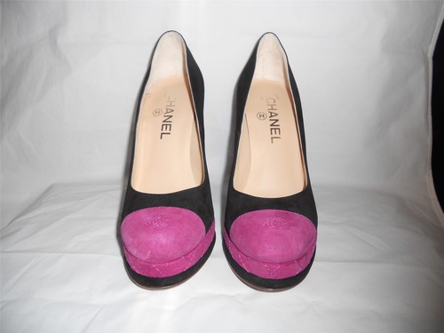 Pre-owned Chanel Suede Cap Toe Quilted Platform Pumps Heels Shoes Fuchsia Black $1095