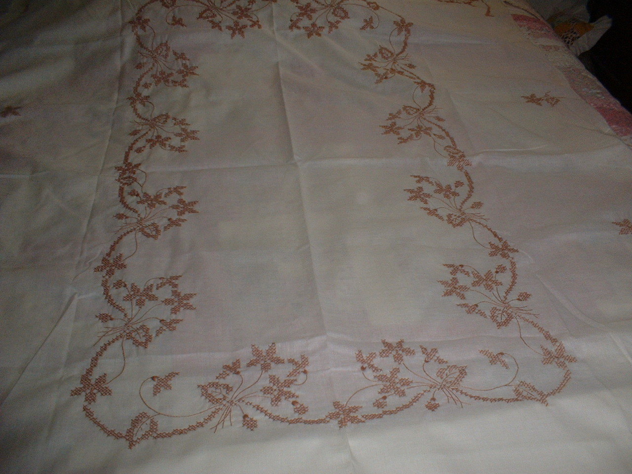 BEAUTIFUL HAND CROSS STITCHED LINEN TABLECLOTH, TAN STITCHING, ROLLED EDGE