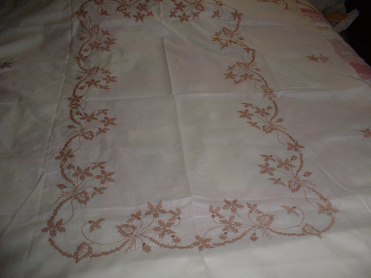 BEAUTIFUL HAND CROSS STITCHED LINEN TABLECLOTH, TAN STITCHING, ROLLED EDGE