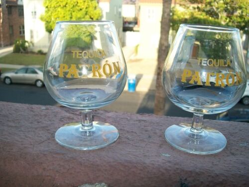 PATRON GLASSES SET OF 2 BRAND PAIR NEW BAR MANCAVE GOLD LOGO SNIFTER TEQUILA