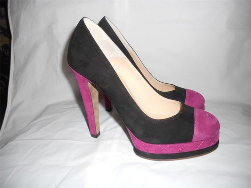 Pre-owned Chanel Suede Cap Toe Quilted Platform Pumps Heels Shoes Fuchsia Black $1095