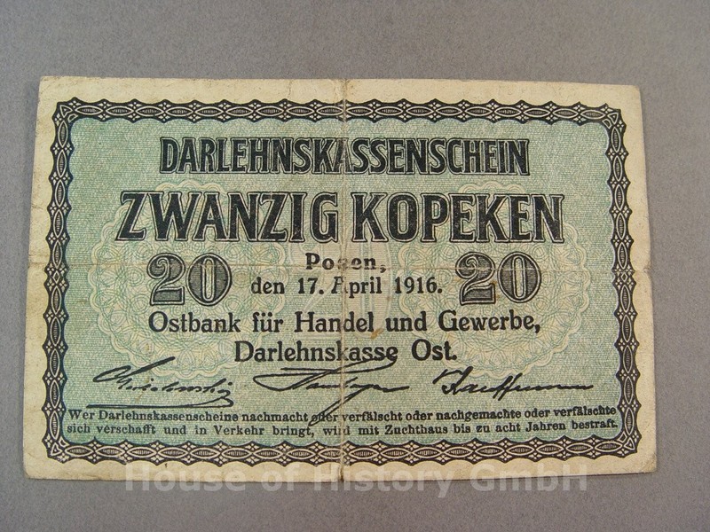 134393, Darlehnskassenschein Ã¼Ber Zwanzig Kopeken, Posen 17.April 1916, Ostbank