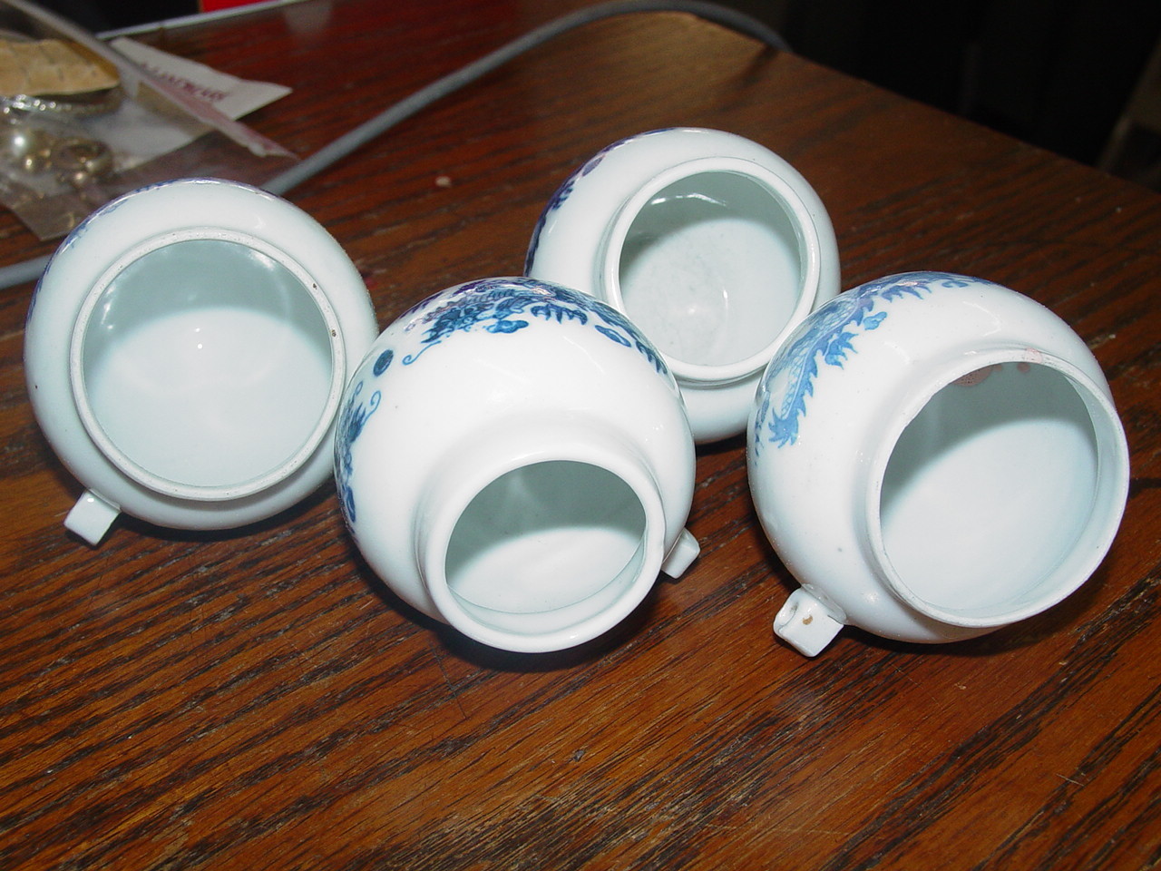 Four Chinese Porcelain Bird Cage Feeders Dragon Design Underglaze Blue & White