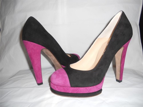 Pre-owned Chanel Suede Cap Toe Quilted Platform Pumps Heels Shoes Fuchsia Black $1095