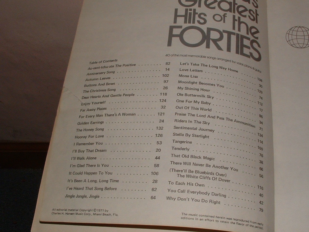 World's Greatest Hits of the Forties Songbook 1971 piano/vocal Paperback