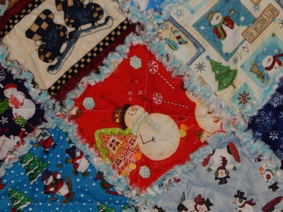 Christmas Snowman XL rag quilt throw Snowmen snowflakes Cozy Flannel Back New HM