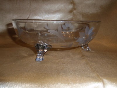 Clear Etched Flowers 3 Footed Compote