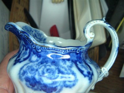 ANTIQUE RIDGWAY ROXBURY FLOW BLUE CREAMER # 12/04 GOLD TRIM HALLMARKED 4