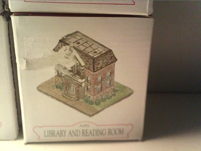 4 MINT UNUSED LIBERTY FALLS MINIATURES - CLOTHIER - BREWERY - SCHOOL - LIBRARY