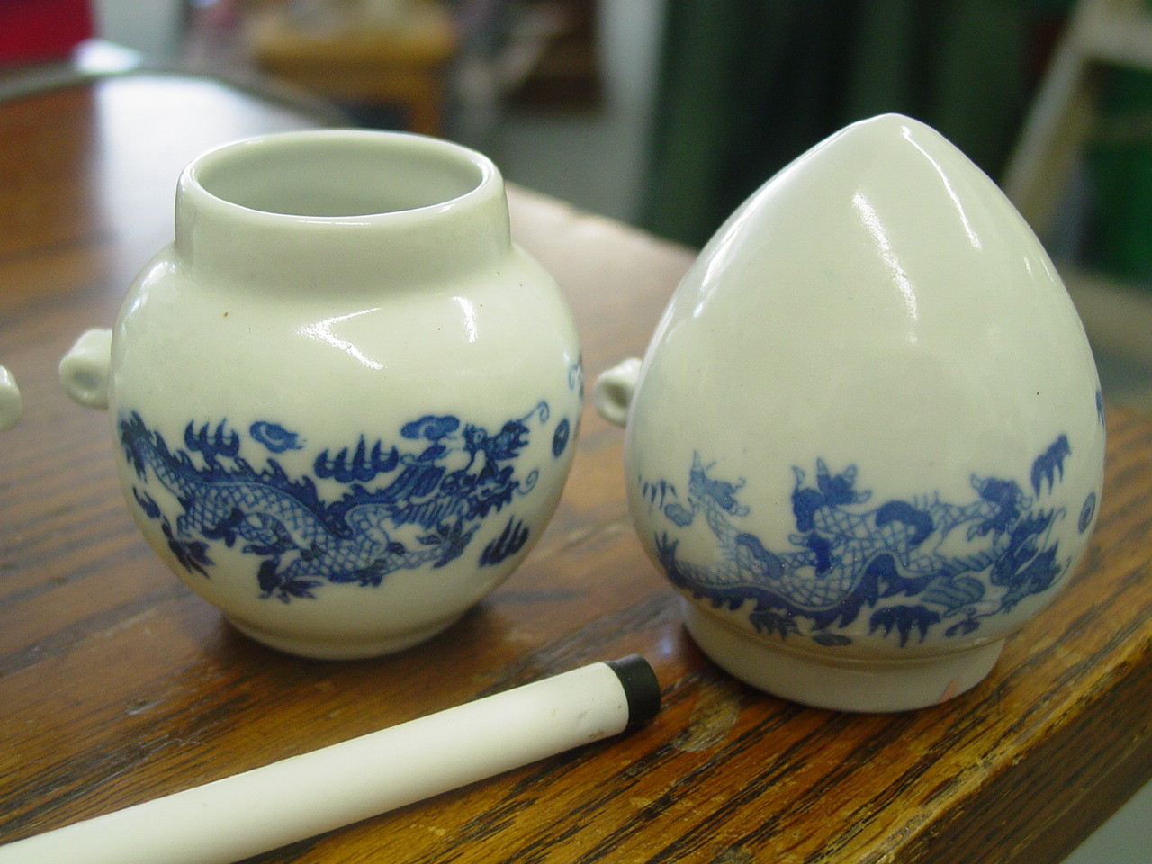 Four Chinese Porcelain Bird Cage Feeders Dragon Design Underglaze Blue & White