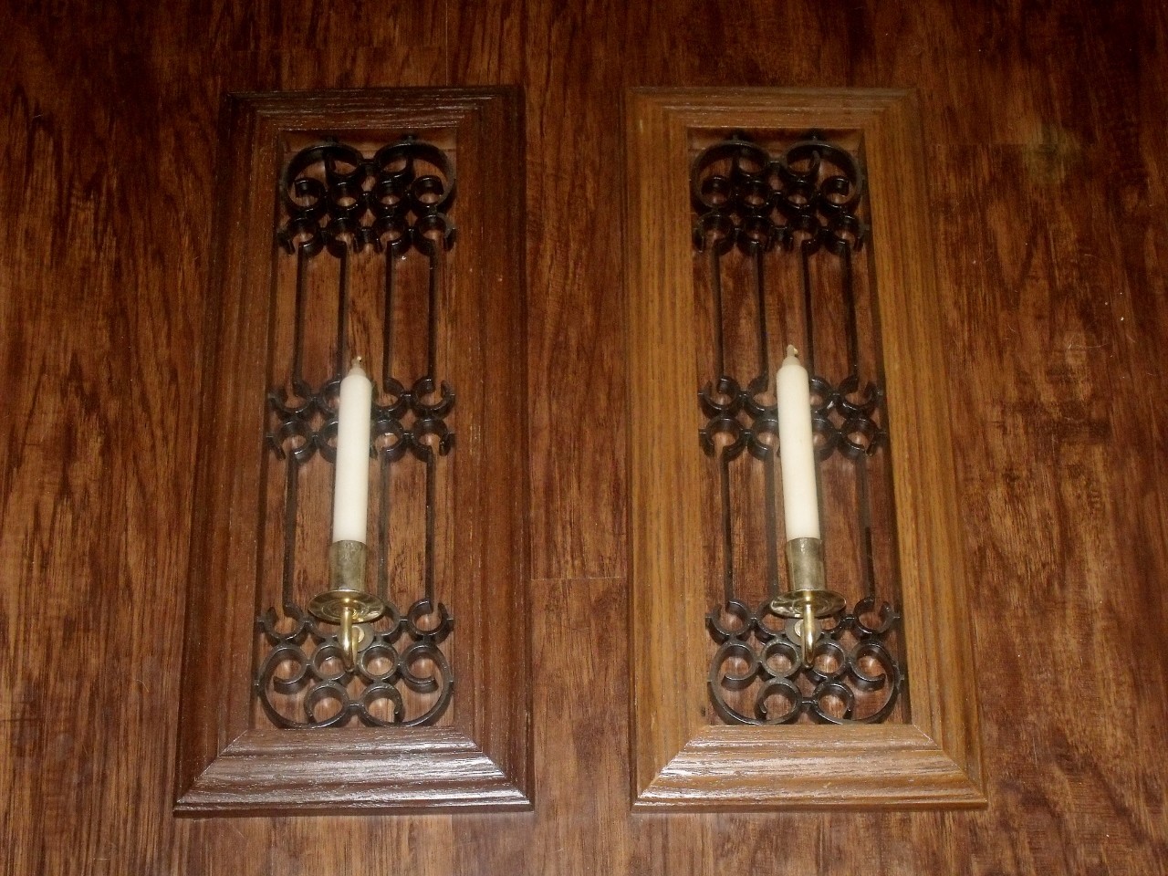 VTG HOMCO? FAUX WROUGHT IRON WOOD PLASTIC CANDLE HOLDER WALL PANEL SCONCE SET 20
