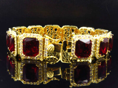 Pre-owned Nsg Men's Red Ruby Simulated Broad Bracelet 14k Yellow Gold Plated Silver