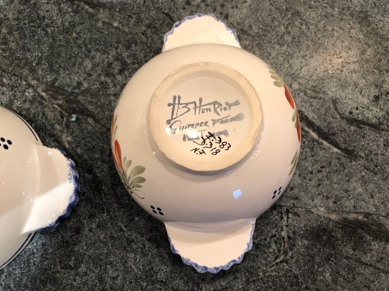 Vintage Henriot Quimper France pottery handled porringer bowl cereal bowl