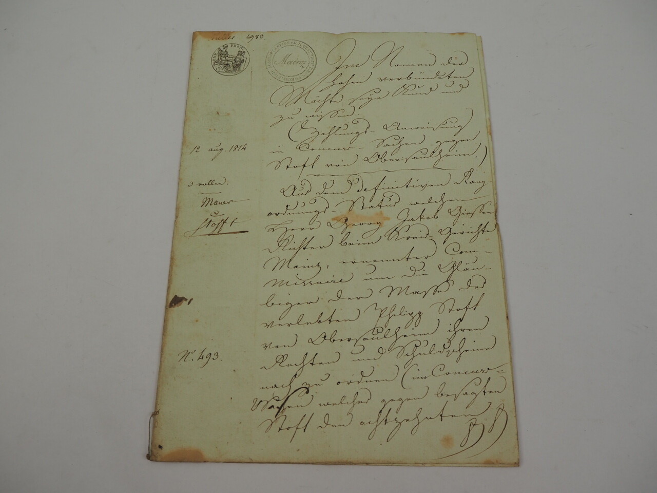 Dienstsiegelstempel Mainz 1814 auf französischem Signettenpapier