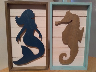Pair of Living Colors  3D Decorative Plaques = Mermaid & Seahorse Beach Tropical