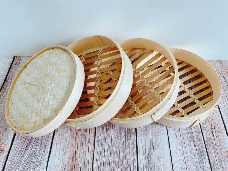 Traditional Oriental Bamboo Steamer. Three Tiers. Large diameter.