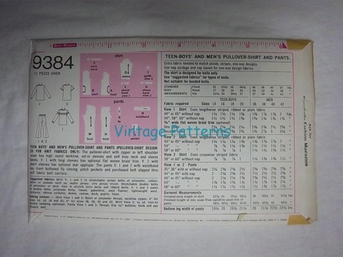 Mens Pullover Shirt & Pants #9384 Size 40 Simplicity Pattern Un-Cut 1971