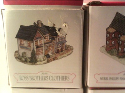 4 MINT UNUSED LIBERTY FALLS MINIATURES - CLOTHIER - BREWERY - SCHOOL - LIBRARY