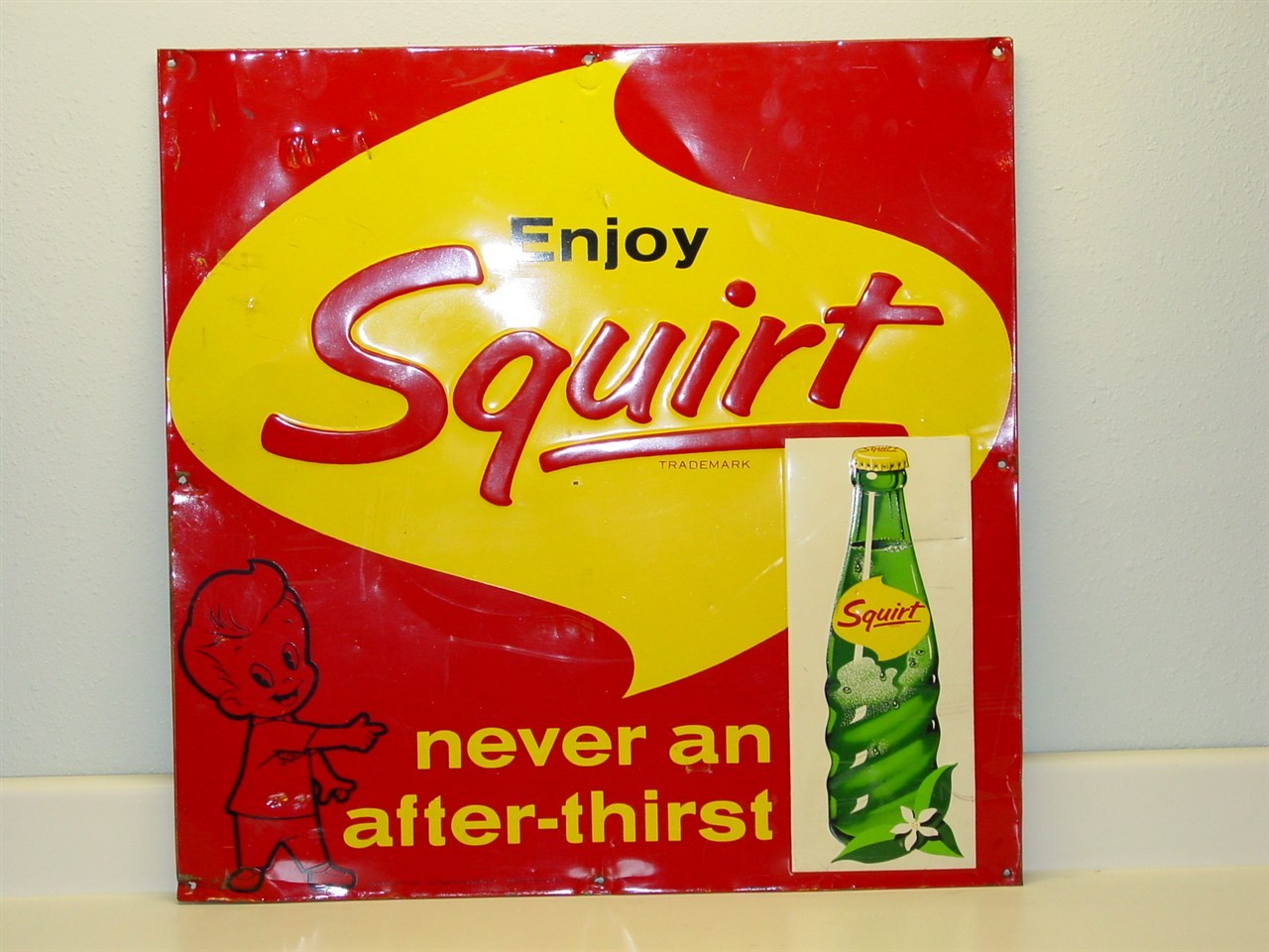 Vintage Original Enjoy Squirt, Soda Pop Advertising Tin Sign, 1962 Robertson