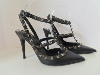 Valentino Black Leather Gunmetal Rockstud T-Strap Pumps