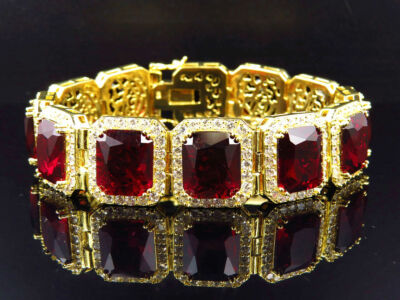 Pre-owned Nsg Men's Red Ruby Simulated Broad Bracelet 14k Yellow Gold Plated Silver