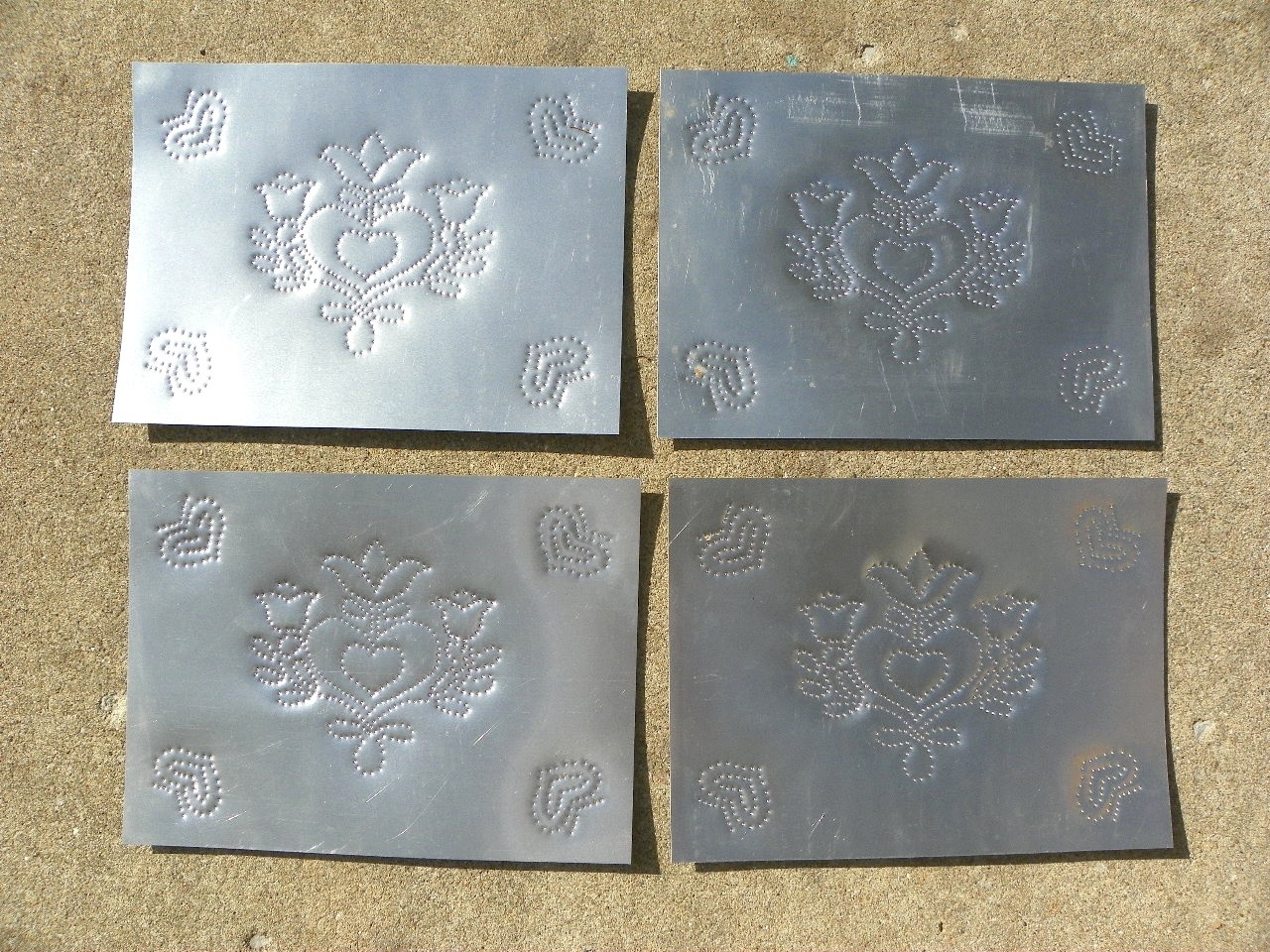 4 NOS TIN PUNCHED PANELS PIE SAFE PENNSLYVANIA DUTCH DESIGN HEARTS TULIP 12