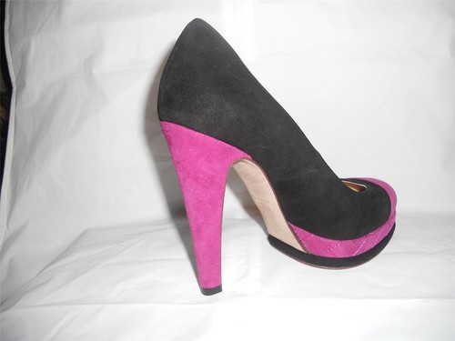 Pre-owned Chanel Suede Cap Toe Quilted Platform Pumps Heels Shoes Fuchsia Black $1095